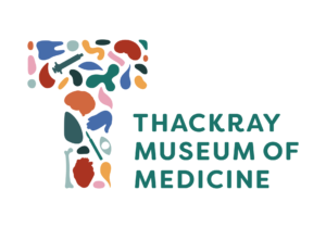 'Thackray Museum of Medicine' in blue-green text, alongside a large 'T' made out of multi-coloured blobs of solid colour.