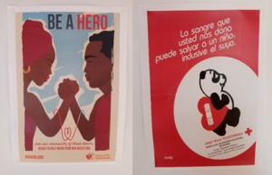 Two blood donation posters side by side. The first shows two people with brown skin clasping hands, they are both wearing red and the text 'be a hero' is shown over a blue background. The second image shows a cartoon panda with a red heart on its back within a white circle on a red background, with foreign language text above the panda.