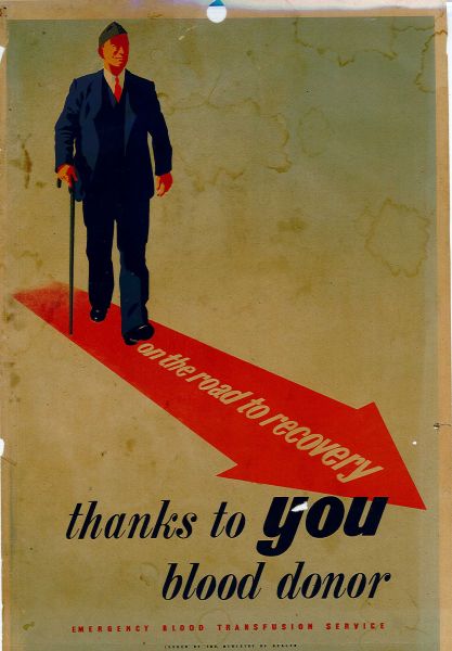 A3 size blood donation advertising poster, featuring a man walking down a road. The inscription reads: On the road to recovery, thanks to you blood donor, emergency blood transfusion service, issued by the Ministry of Health.